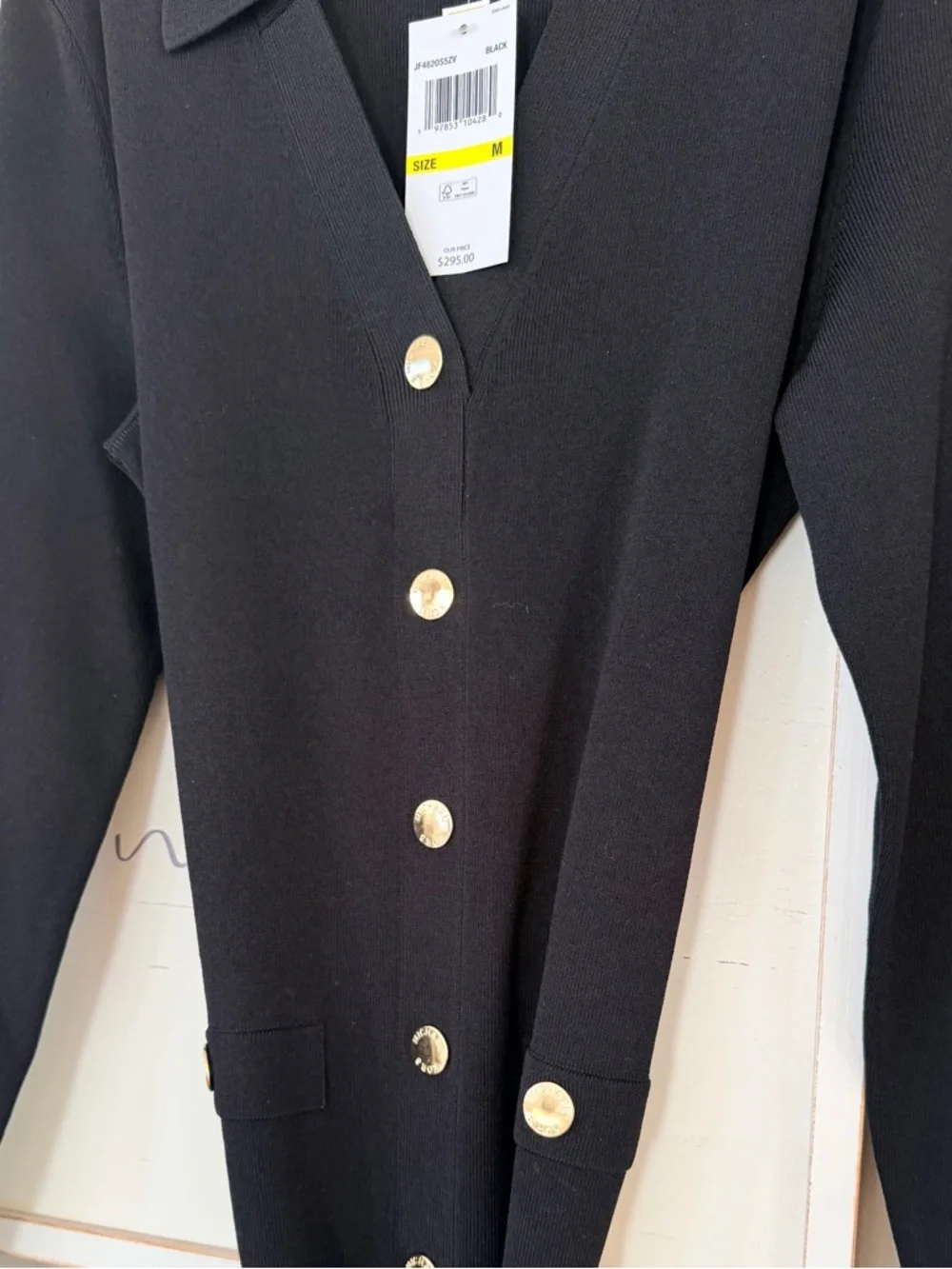 Michael KORS Stretch Viscose Gold Chain Belted Signature Black Midi Dress Medium